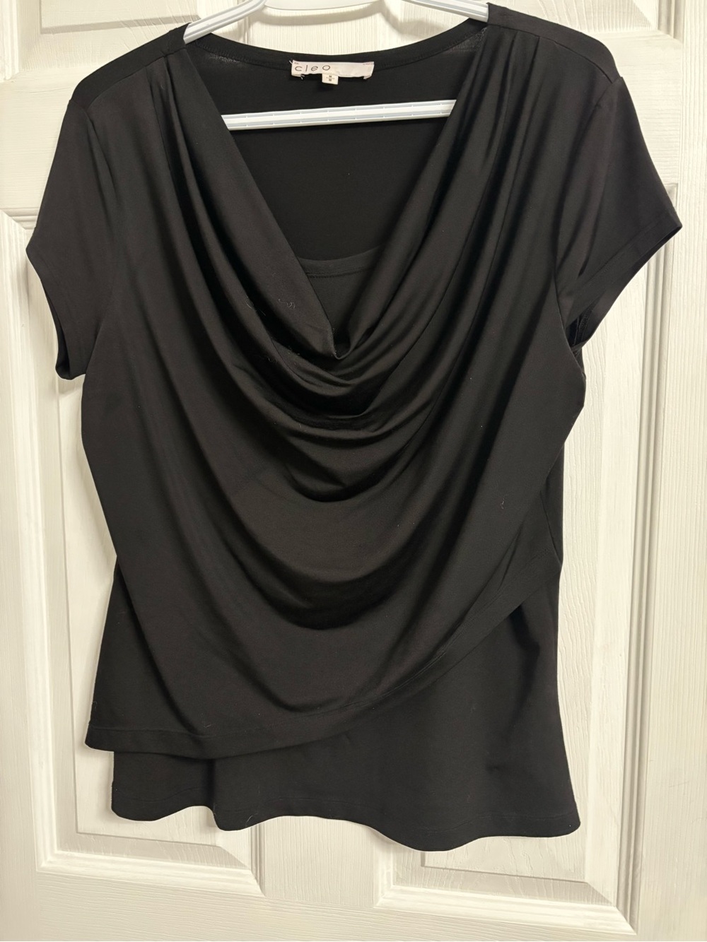 Dressy Black Drape Neck Short Sleeve Women's Top